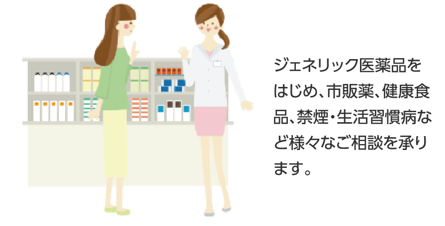 ジェネリック医薬品をはじめ、市販薬、健康食品、禁煙・生活習慣病など様々なご相談を承ります。